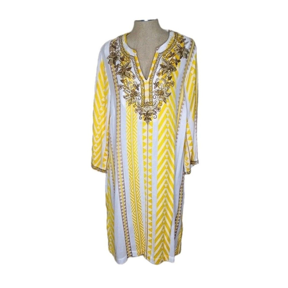 Soft Surroundings Tunic Dress Sz PXL Yellow Resort Embroidered Shift Boho Travel